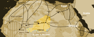 Map showing main trans-Saharan caravan routes c.  1400. Also shown are the Ghana Empire (until the 13th century) and 13th – 15th century Mali Empire, with the western route running from Djenné via Timbuktu to Sijilmassa. Present day Niger in yellow.