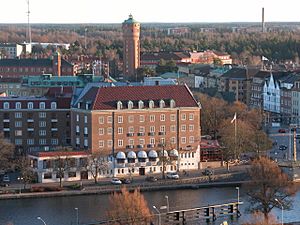 The Göta River and the Trollhättan Water Tower in central Trollhättan