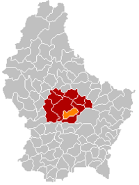 Map of Luxembourg with Lintgen highlighted in orange, and the canton in dark red