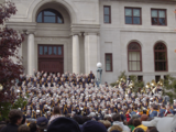 The Band of the Fighting Irish plays on the steps of Bond Hall before every home game