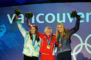 Women's Super G podium at Whistler Creekside closeup