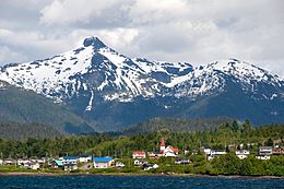 Lax Kw'alaams backdropped by the Kitimat Ranges