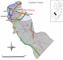 Map of the former Erlton-Ellisburg CDP in Camden County. Inset: Location of Camden County in New Jersey.