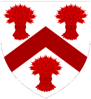 Argent a chevron between three garbs Gules.