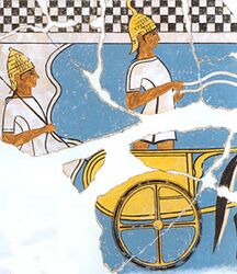 Two Mycenaean chariot warriors on a fresco from Pylos about 1350 BC