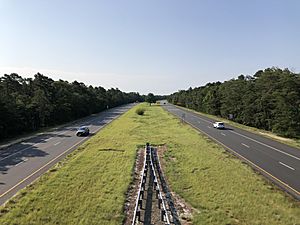 2021-08-09 08 55 43 View south along New Jersey State Route 55 (Cape May Expressway) from the overpass for Schooner Landing Road in Maurice River Township, Cumberland County, New Jersey