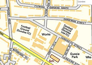 Map of Dens Park and Tannadice Park, Dundee, Scotland, October 2010