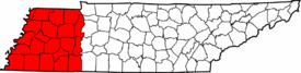 The counties of Tennessee highlighted in red that are designated part of West Tennessee.