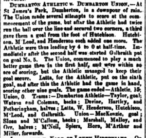 Report of Dumbarton Athletic's 15-0 win over Dumbarton Union, Scottish Cup 1888-89