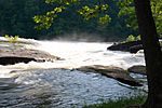 A low waterfall along a stream with a forested rock ledge in the background, and flat rocks in the foreground.