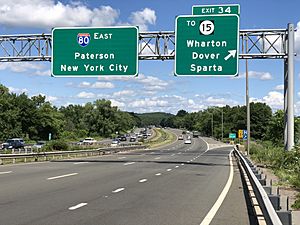 2020-07-14 15 17 57 View east along Interstate 80 at Exit 34 (TO New Jersey State Route 15, Wharton, Dover, Sparta) in Wharton, Morris County, New Jersey