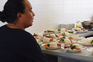 Nauru Secondary School Principal, Clarissa Jeremiah, inspecting school lunches, 13 November 2012. Photo- Rex Pirie, Australian adviser (12045528555)