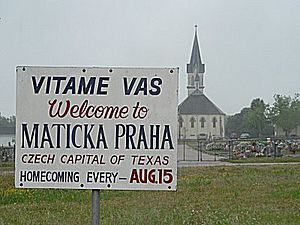 Welcome sign of Praha, Texas