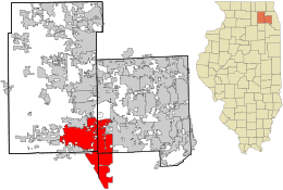 Location of Aurora in DuPage and Kane Counties, Illinois.