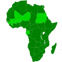 An orthographic projection of the world, highlighting the African Union and its member states (green).