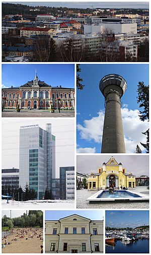 Clockwise from top-left: the cityscape of the center, the Puijo Tower, the Kuopio Market Hall, the Kuopio Marina, the Governor Palace, the Väinölänniemi Beach, the Technopolis MicroTower, and the Kuopio City Hall.