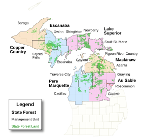 Michigan State Forests Map US MI.svg