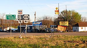 The intersection of U.S. Route 127, Kentucky Route 1076 and Tennessee State Route 111 in Static, as seen from the Kentucky side prior to 2011