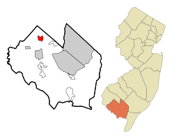 Map of Seabrook Farms highlighted within Cumberland County. Right: Location of Cumberland County in New Jersey.