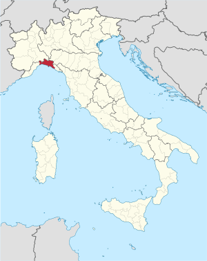 Map highlighting the location of the province of Genoa in Italy