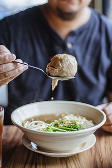 Indonesian bakso, with noodle and bean sprouts, April 2018 (01)