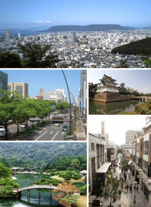 From top left: Central Takamatsu, Chūō dōri street, Takamatsu Castle, Marugame-machi shopping mall, Ritsurin Garden