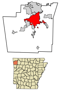 Location of Fayetteville in Washington County, Arkansas.