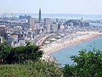 A distant view of a large city bordered by a beach.