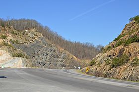 Road passing between two rock faces, the rocks are diagonally stratified and there is woodland atop the hill