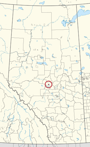 A map of the province of Alberta showing 80 counties and 145 small Indian reserves. One is highlighted with a red circle.