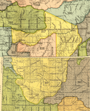 Crow Indian territory (area 517, 619 and 635) as described in Fort Laramie treaty (1851), present Montana and Wyoming