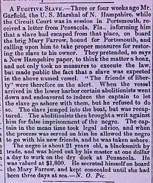 Wilmington Journal 06 September 1850 p.3., A fugitve slave from Pensacola Navy Yard, blacksmith, named Adam, reaches Portsmouth New Hampshire