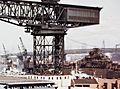 USS Franklin (CV-13) under repair at the Brooklyn Navy Yard in 1945