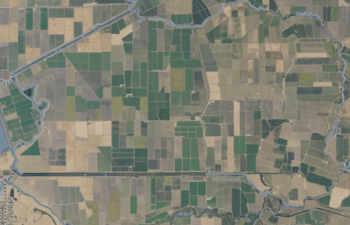 An aerial photograph of a healthy-looking island covered in farmland and surrounded by rivers.