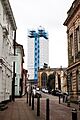 Collegiate Church of St Mary undergoing maintenance from Castle Street, Warwick