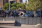 Cooper Qua with the kickflip transfer at Far Rockaway Skatepark