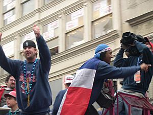 Derek Lowe and Pedro Martinez WS Victory Parade