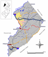 Location of Knowlton Township in Warren County highlighted in yellow (right). Inset map: Location of Warren County in New Jersey highlighted in black (left).