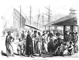 Slave market in Aceh, Sumatra, Indonesia, illustration by Smeeton Tilly from L'Illustration, Journal Universel, No 1571, Volume LXI, April 5, 1873. DeA Veneranda Biblioteca Ambrosiana, Milan