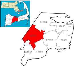 Location of ZIP code 02648 Marstons Mills within the Town of Barnstable, county, and state