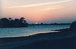 Looking west from Belleair Bluffs's end of the Belleair Causeway toward Belleair Beach at sunset. November 3, 2006.