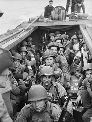 American troops on board a landing craft heading for the beaches at Oran in Algeria during Operation 'Torch', November 1942. A12661