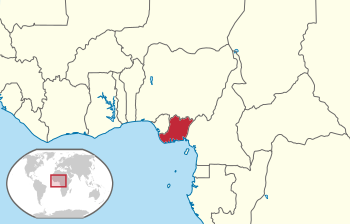 The Republic of Biafra in red, bordered by its puppet state of the Republic of Benin to the west