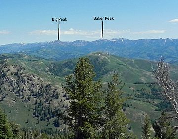 A photo of Big Peak and Baker Peak viewed from the Soldier Mountains.