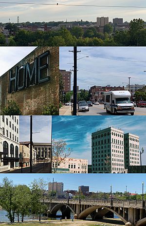 Worsham Street Overlook, Main & Ridge St. Intersection, Masonic Building (River City Towers), Martin Luther King Jr. Memorial Bridge, Municipal Building from Union Street, Repurposed Dan River Fabrics "Home" Sign.(Clockwise from the Top)