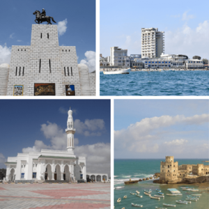  Clockwise from top: Mohammed Abdullah Hassan monument, Lido Beach, the Old Fishing Harbour, and Mosque of Islamic Solidarity.