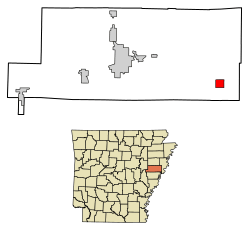 Location of Hughes in St. Francis County, Arkansas.