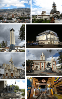 From top, left to right: Panoramic view of the city, City Gate, Loja Independence Monument, Benjamín Carrión National Theater, Cathedral of the Shrine, Saint Francis Church next to the Alonso de Mercadillo monument, Juan de Salinas monument and Lourdes street.