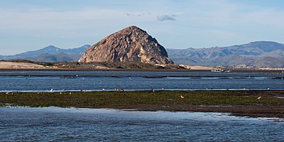 Morro Rock, Morro Bay, CA, with Sandspit and Grassy Island