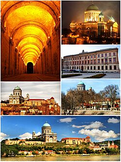 Top left: Dark Gate, Top upper right: Esztergom Cathedral, Top lower right: Saint Adalbert Convention Center, Middle left: Kis-Duna Setany (Little Danube Promenade), Middle right: Saint Stephen's Square, Bottom: Esztergom Castle Hill and Danube River